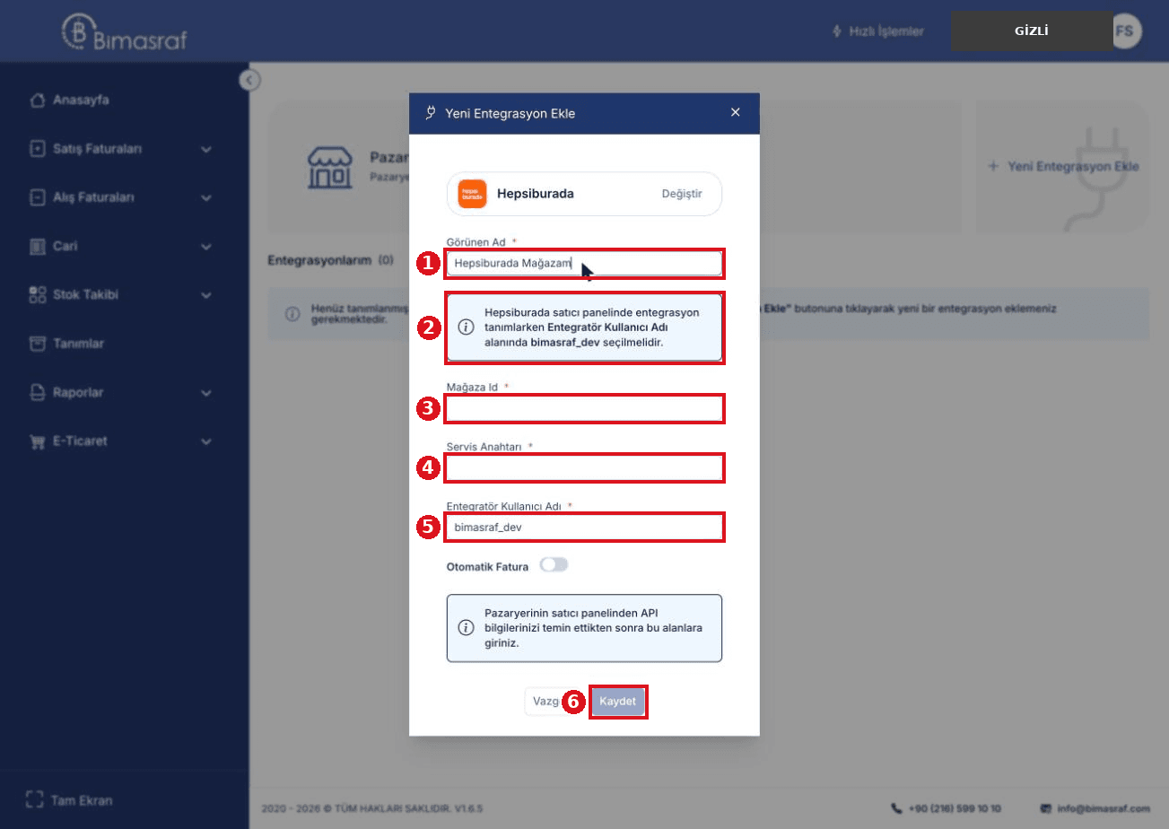 Bimasraf Hepsiburada entegrasyon formu