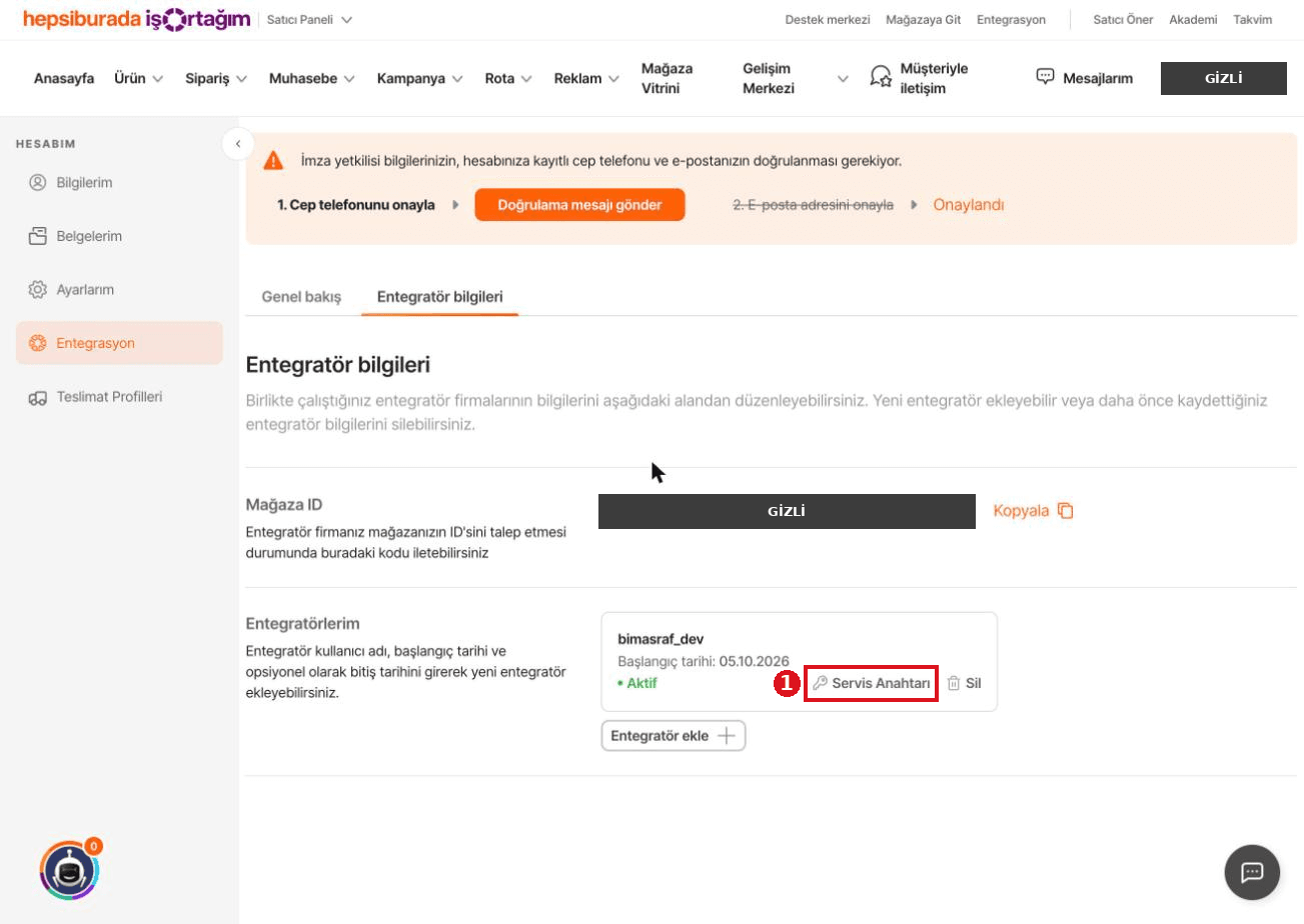 Servis Anahtarı butonu