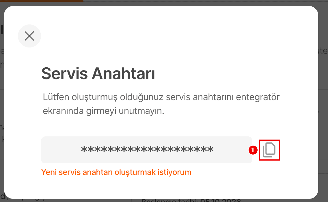 Servis anahtarı kopyalama penceresi