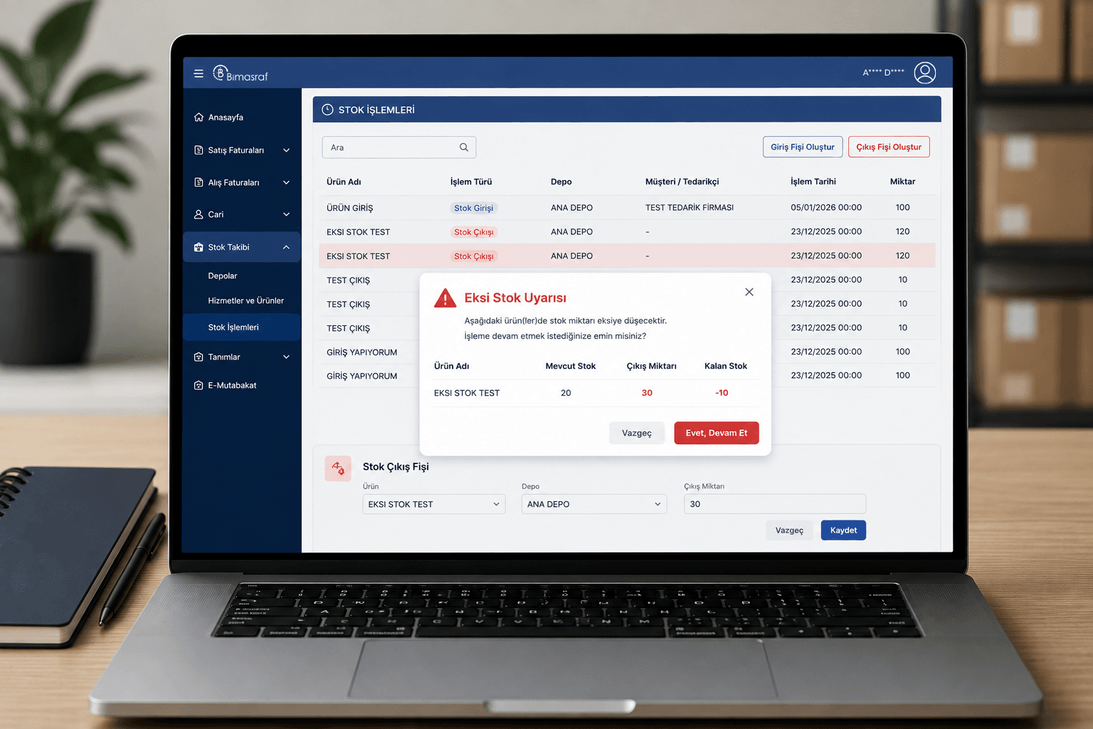 Bimasraf stok ve depo takip programı ürün yönetimi ekranı