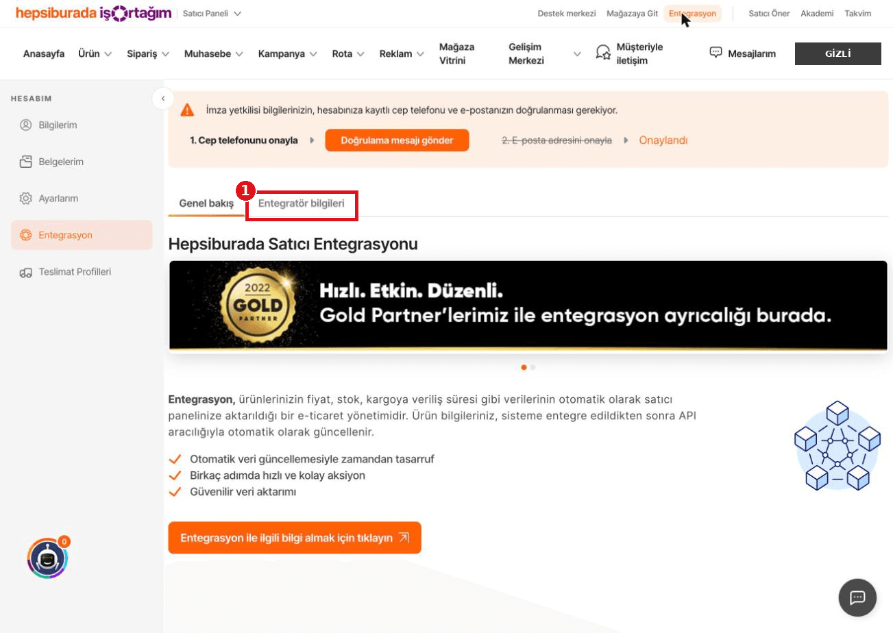 Entegratör bilgileri sekmesi