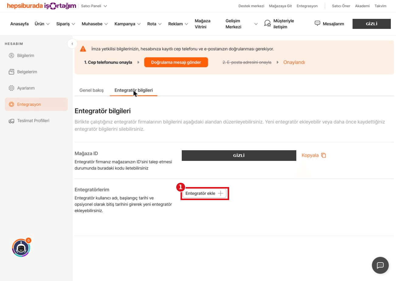 Entegratör ekle butonu
